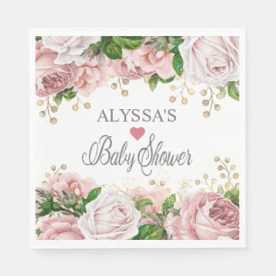 Serviette En Papier Baby Shower Fille Fleur Rose Pâle Or