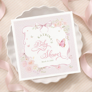 Serviette En Papier Baby Shower Fille Florale Papillon Rose Tendresse