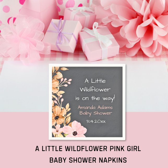 Serviette En Papier Baby Shower Fille Petite Fleur Sauvage Rose (A Little Wildflower Pink Girl Baby Shower Napkins)