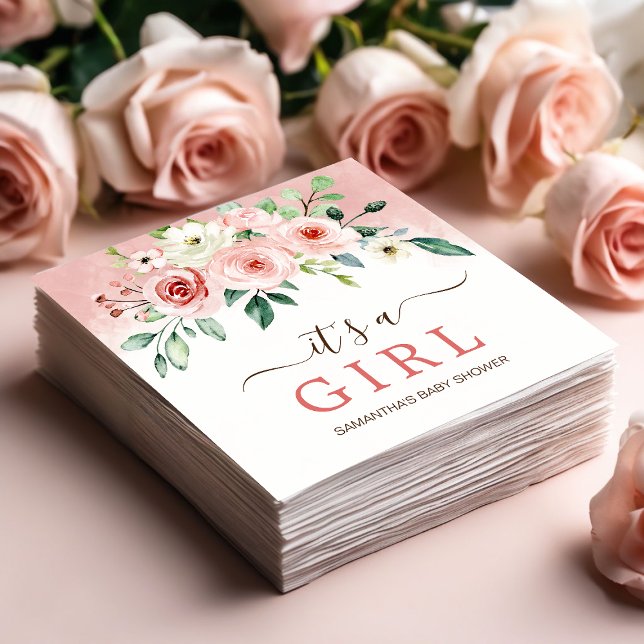 Serviette En Papier Baby shower fille rose rose rose pâle (Blush Pink Rose Watercolor Girl Baby Shower Napkins)