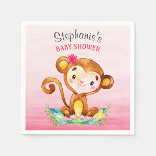 Serviette En Papier Baby shower fille singe aquarelle