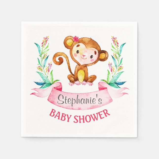 Serviette En Papier Baby shower fille singe aquarelle (Devant)