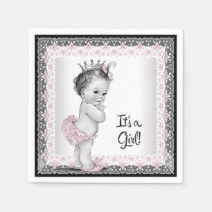 Serviette En Papier Baby Shower Fille Vintage Rose et Gris