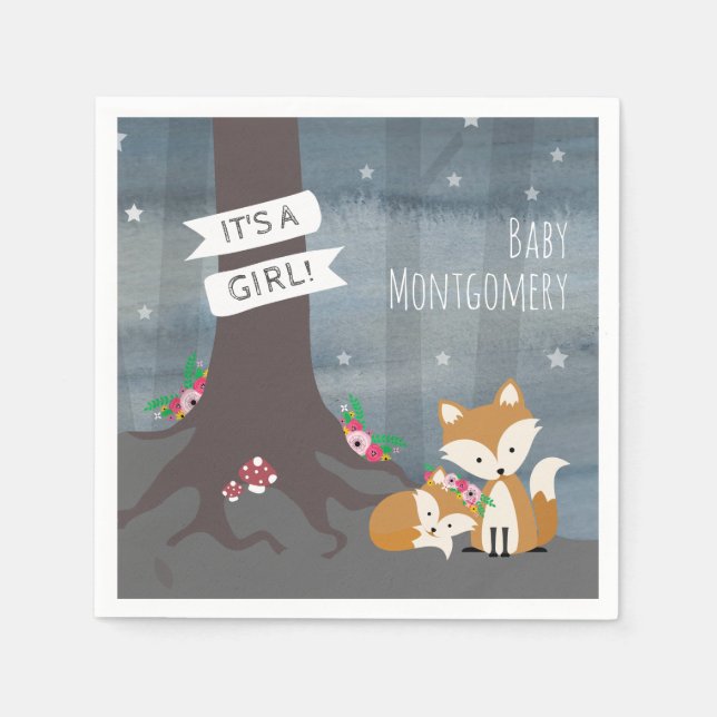 Serviette En Papier Baby shower fille Woodland Night Fox (Devant)