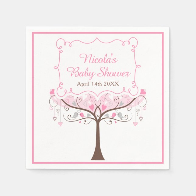 Serviette En Papier Baby shower Fleur rose et oiseau (Devant)