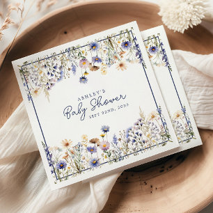Serviette En Papier Baby Shower Fleur Sauvage Bleue Bohème Aquarelle