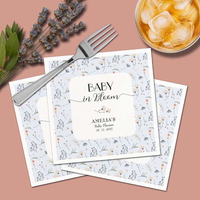 Serviette En Papier Baby shower fleur sauvage Blue Boy (Baby in Bloom wildflowers on blue boy baby shower napkins)