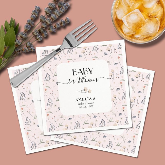 Serviette En Papier Baby shower fleur sauvage rose fille (Baby in Bloom wildflowers on pink girl baby shower napkins)