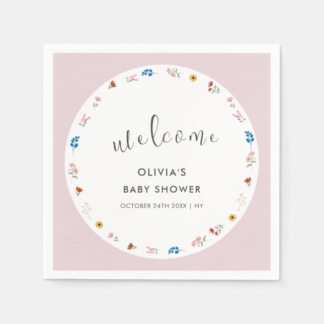 Serviette En Papier Baby shower Fleur sauvage rose moderne minuscule A (Devant)