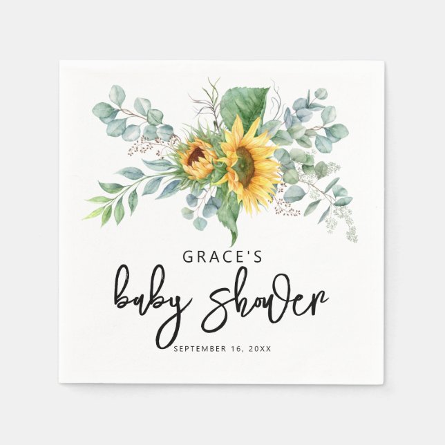 Serviette En Papier Baby Shower Fleurs de Tournesol Rustique et Eucaly (Devant)
