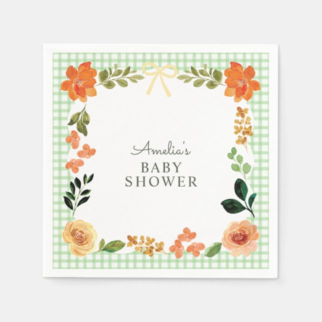 Serviette En Papier Baby Shower Fleurs Gingham Vert Herbe 018 (Devant)