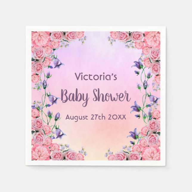 Serviette En Papier Baby shower fleurs rose violet (Devant)
