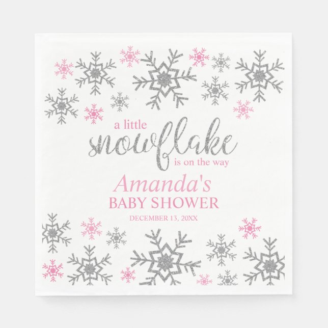Serviette En Papier Baby Shower Flocon de Neige Rose Hiver (Devant)