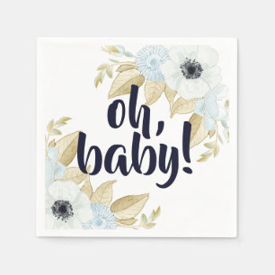 Serviette En Papier Baby shower floral blanc et bleu doux chic