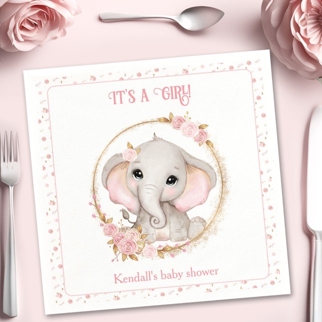 Serviette En Papier Baby shower floral blanc rose joli Eléphant (Cute Elephant Pink White Floral Baby Shower Napkins)