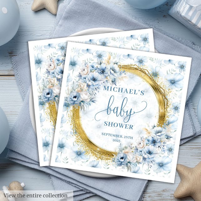 Serviette En Papier Baby shower Floral bleu Dusty dainty (Dainty Dusty Blue Gold Floral Baby Shower Napkins

)