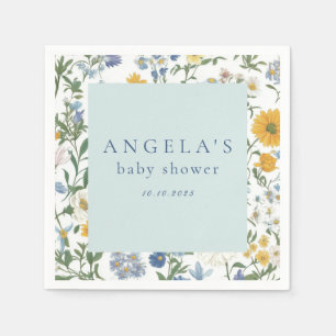Serviette En Papier Baby shower Floral bleu et jaune rustique