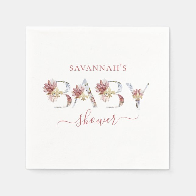 Serviette En Papier Baby shower floral bleu et rose (Devant)