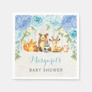 Serviette En Papier Baby shower floral bleu poussiéreux d'animaux de