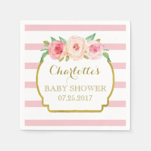 Serviette En Papier Baby shower floral de rayures de rose rose d'or
