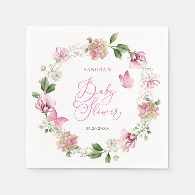 Serviette En Papier Baby shower floral papillon aquarelle (Devant)