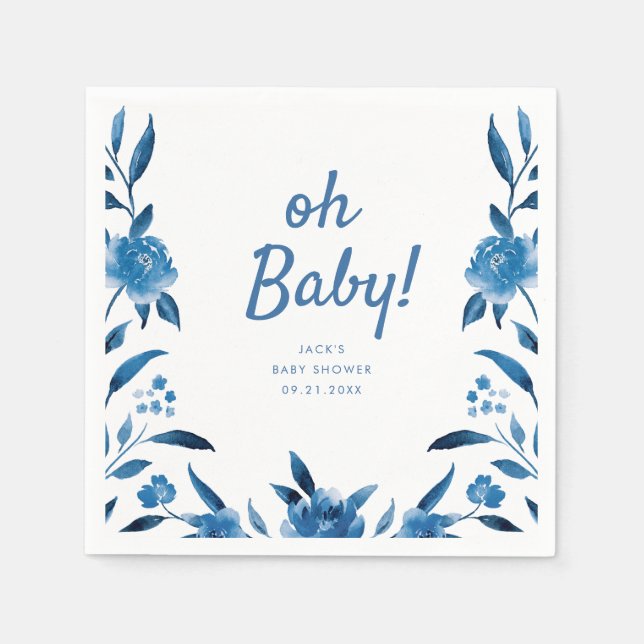 Serviette En Papier Baby shower floral Personnalisé bleu Chinoiserie (Devant)