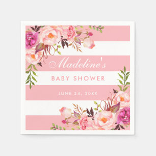 Serviette En Papier Baby shower floral rayé rose