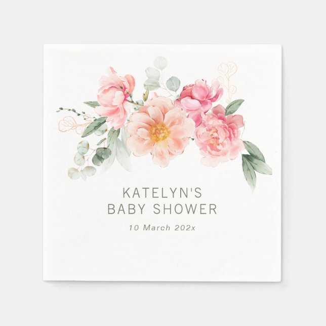 Serviette En Papier baby shower floral rose aquarelle (Devant)