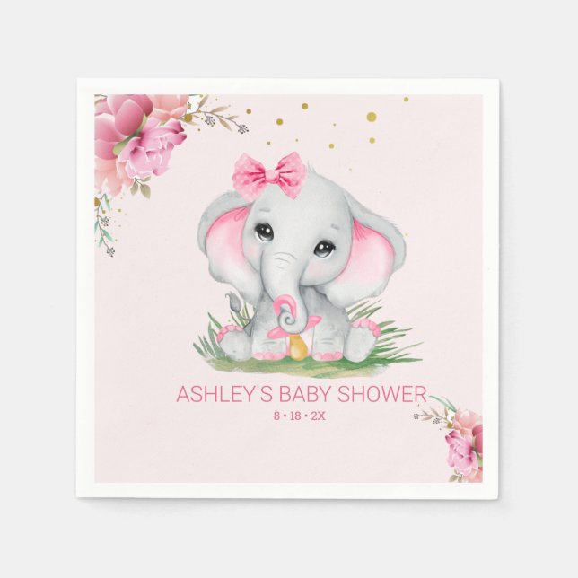 Serviette En Papier Baby shower Floral rose Eléphant mignon (Devant)