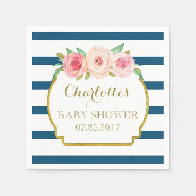 Serviette En Papier Baby shower floral rose or bleu marine (Devant)