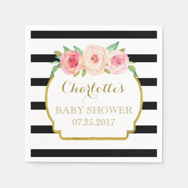 Serviette En Papier Baby shower floral rose or noir (Devant)