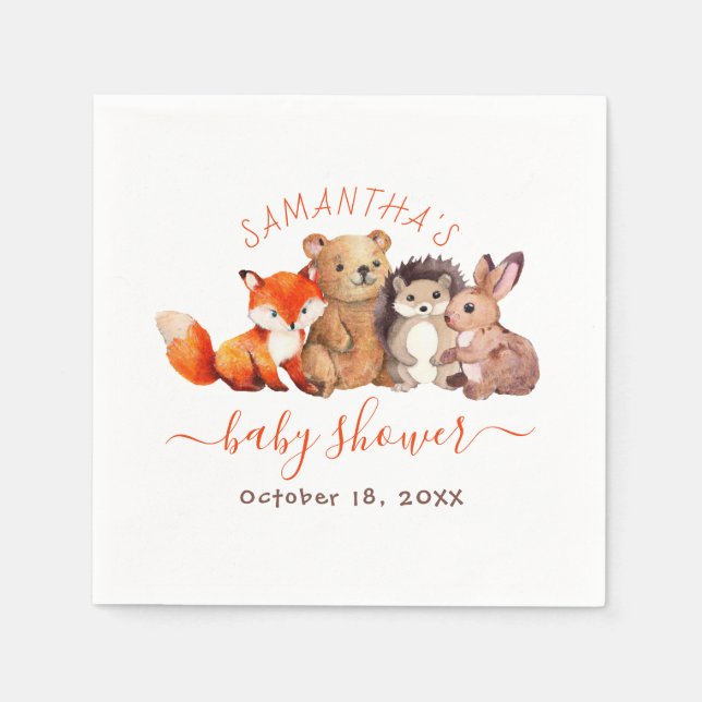 Serviette En Papier Baby Shower Forêt Animaux Mignons Écriture Rouge (Devant)