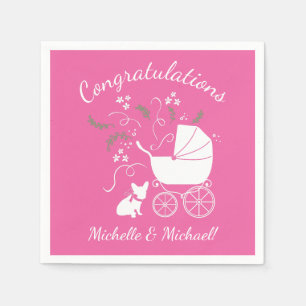 Serviette En Papier Baby shower français de Bulldog, français rose