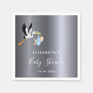 Serviette En Papier Baby shower garçon argent cigogne bleue