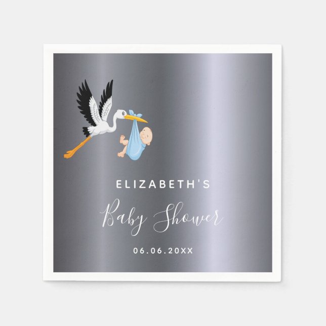 Serviette En Papier Baby shower garçon argent cigogne bleue (Devant)