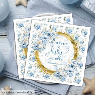 Serviette En Papier Baby shower garçon doré moderne aux fleurs bleues
