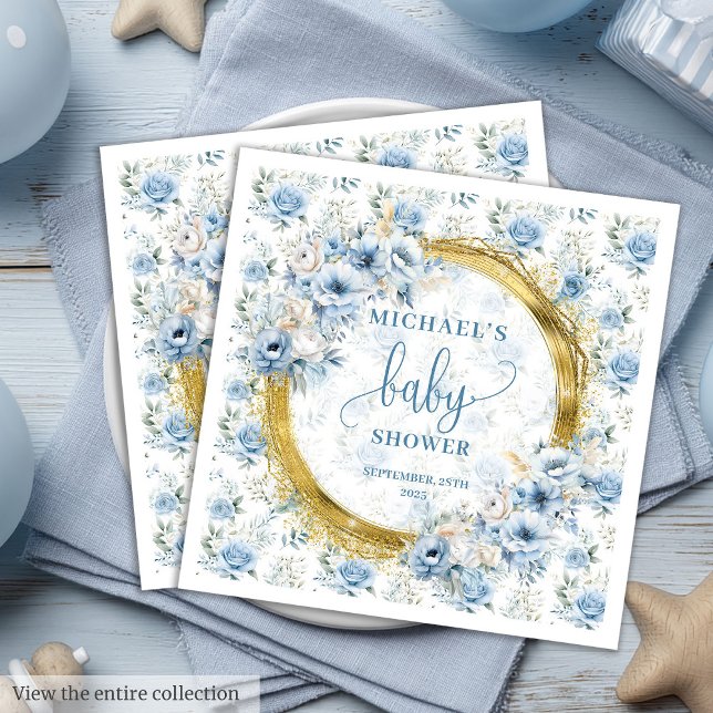 Serviette En Papier Baby shower garçon doré moderne aux fleurs bleues  (Modern dusty blue flowers gold boy baby shower Paper Dinner Napkins)