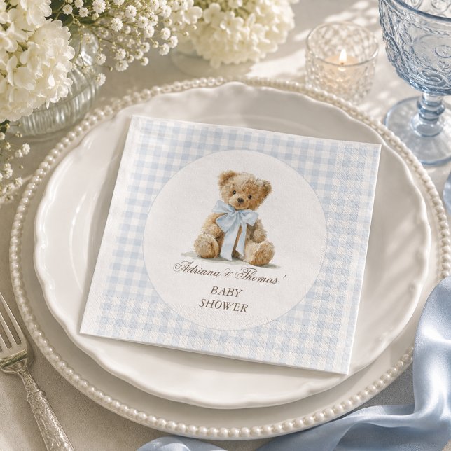 Serviette En Papier Baby Shower Garçon Gingham Bleu Ours (Créateur téléchargé)