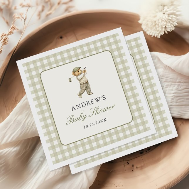 Serviette En Papier Baby Shower Garçon Golf Gingham Vert (Créateur téléchargé)