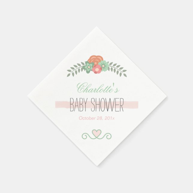 Serviette En Papier Baby shower gracieux Monnaie rose pâle Vert Floral (Coin)