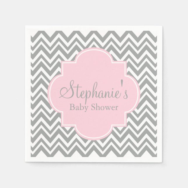 Serviette En Papier Baby shower gris, blanc et rose pastel Chevron (Devant)