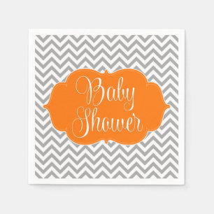Serviette En Papier Baby shower gris orange moderne de Chevron