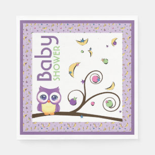 Serviette En Papier Baby Shower Hibou Violet Genre-Neutre Lune Étoile