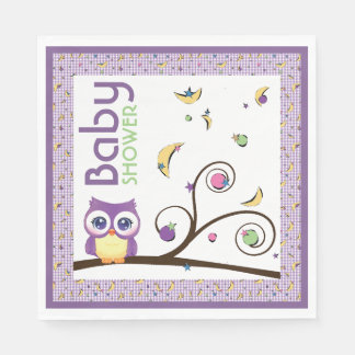 Serviette En Papier Baby Shower Hibou Violet Genre-Neutre Lune Étoile