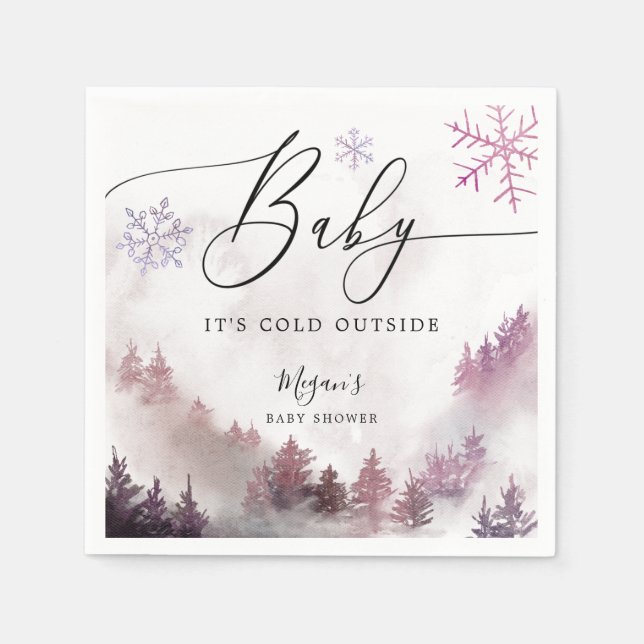 Serviette En Papier Baby shower hivernal neige rose (Devant)