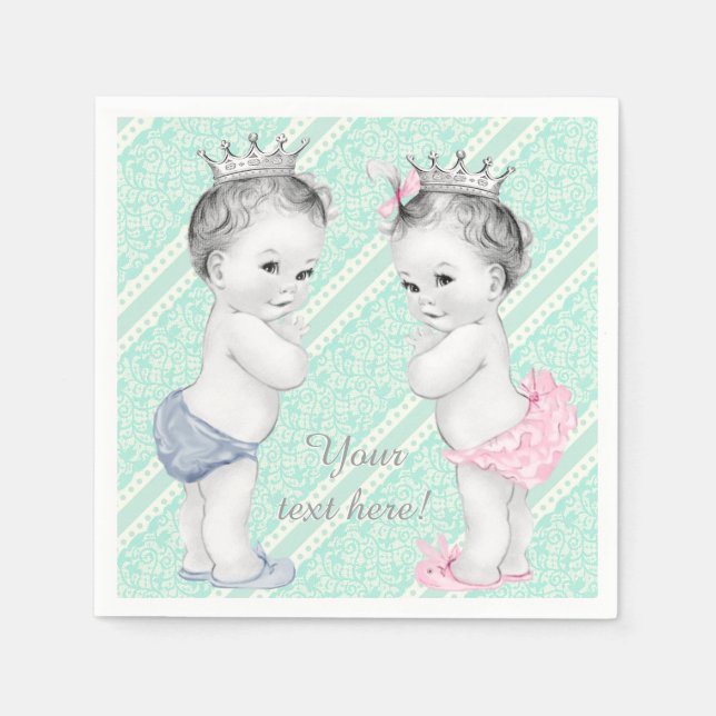 Serviette En Papier Baby shower jumeau Prince et Princesse (Devant)