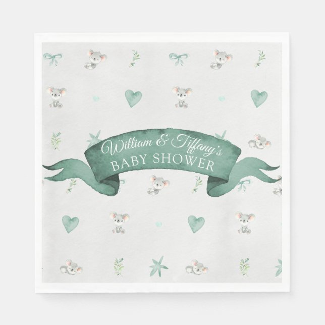 Serviette En Papier Baby shower Koala pour bébé vert et gris (Devant)