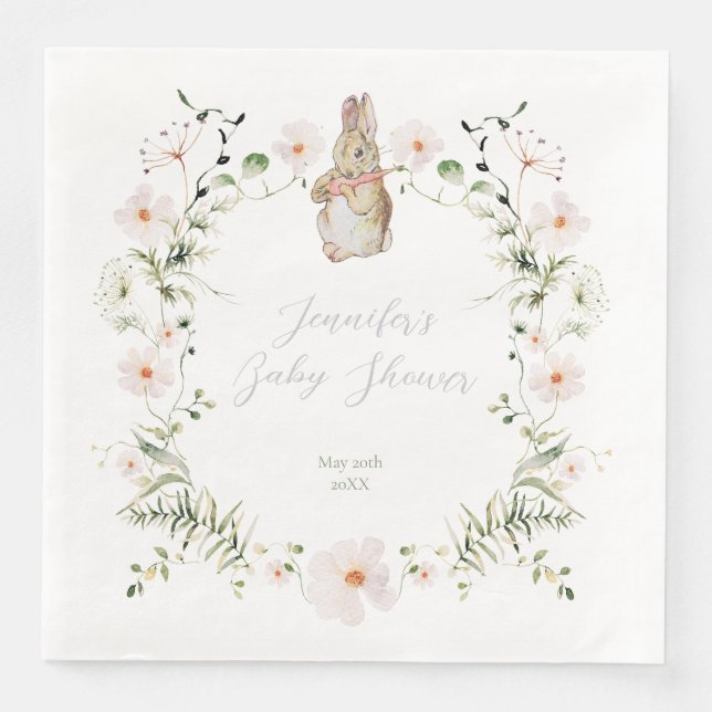 Serviette En Papier Baby shower lapin floral argenté (Devant)