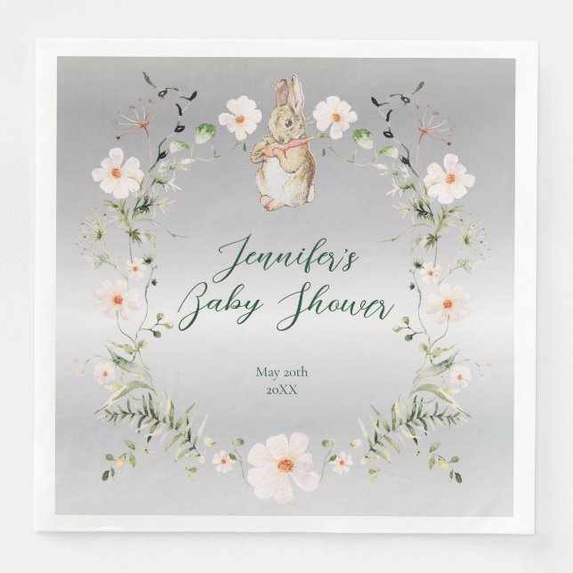 Serviette En Papier Baby shower lapin floral argenté (Devant)