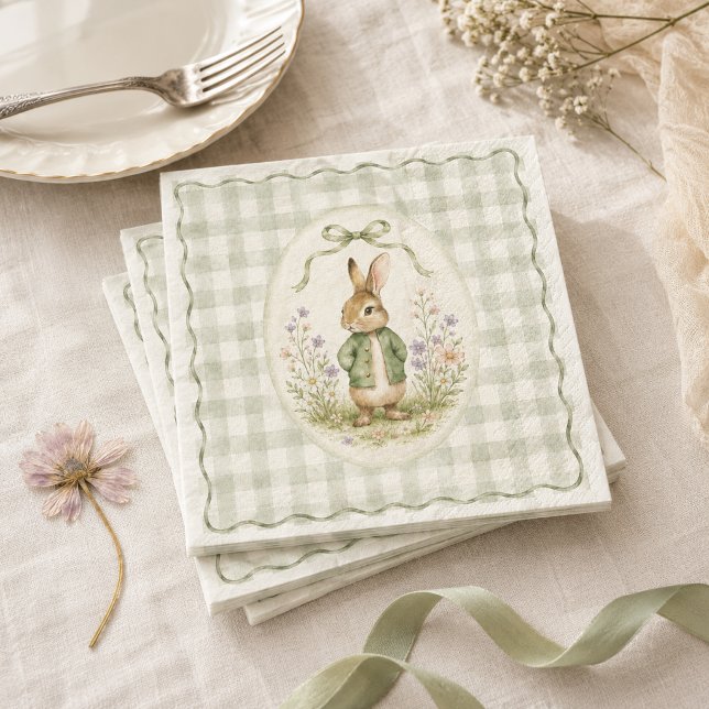 Serviette En Papier Baby Shower Lapin Gingham Sage (Créateur téléchargé)
